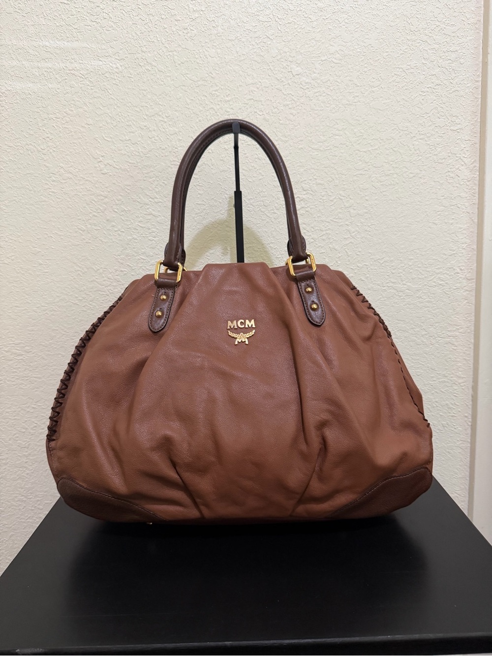 MCM Brown Leather Braided-Trim Tote with Gold Logo